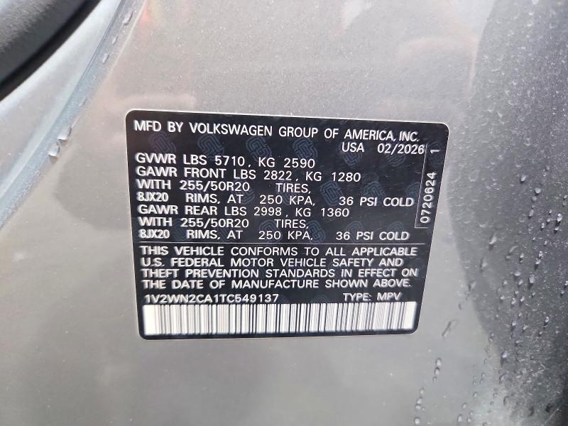 Продажа на аукционе авто 2026 Volkswagen Atlas, vin: 1V2WN2CA1TC549137, номер лота: 70843966