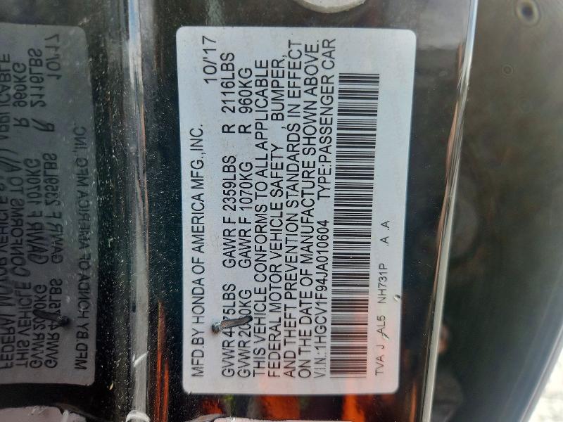 2018 Honda Accord მანქანა იყიდება აუქციონზე, vin: 1HGCV1F94JA010604, აუქციონის ნომერი: 70166336