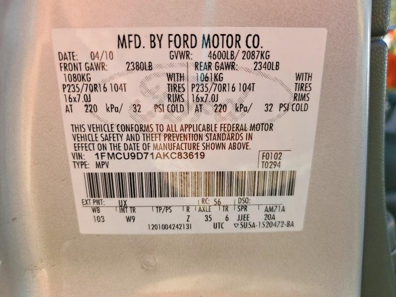 69197356 :رقم المزاد ، 1FMCU9D71AKC83619 vin ، 2010 Ford Escape مزاد بيع