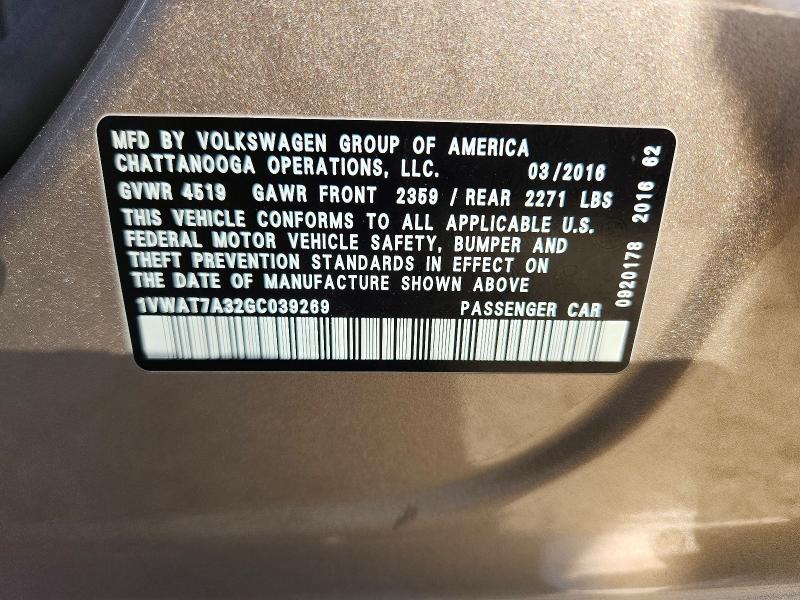 Продаж на аукціоні авто 2016 Volkswagen Passat, vin: 1VWAT7A32GC039269, номер лоту: 67121896