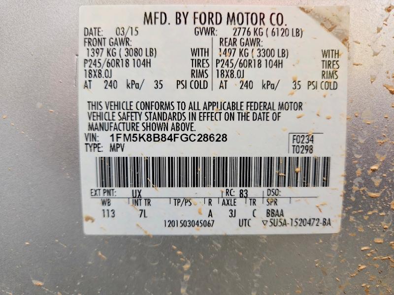 70458206 :رقم المزاد ، 1FM5K8B84FGC28628 vin ، 2015 Ford Explorer مزاد بيع