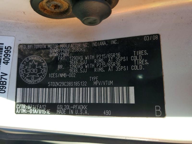 66930716 :رقم المزاد ، 5TDZK29C38S185132 vin ، 2008 Toyota Sienna مزاد بيع