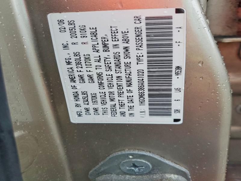2006 Honda Accord მანქანა იყიდება აუქციონზე, vin: 1HGCM66386A041020, აუქციონის ნომერი: 70164116
