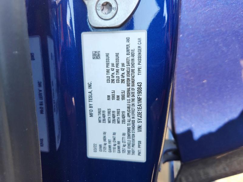 68934116 :رقم المزاد ، 5YJ3E1EA1NF190843 vin ، 2022 Tesla Model 3 مزاد بيع