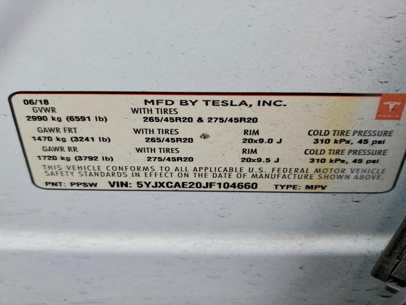 Продажа на аукционе авто 2018 Tesla Model X, vin: 5YJXCAE20JF104660, номер лота: 67744316