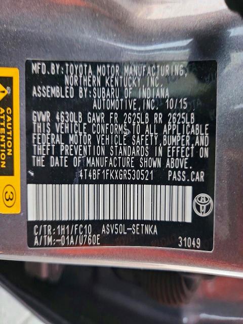 70355286 :رقم المزاد ، 4T4BF1FKXGR530521 vin ، 2016 Toyota Camry مزاد بيع
