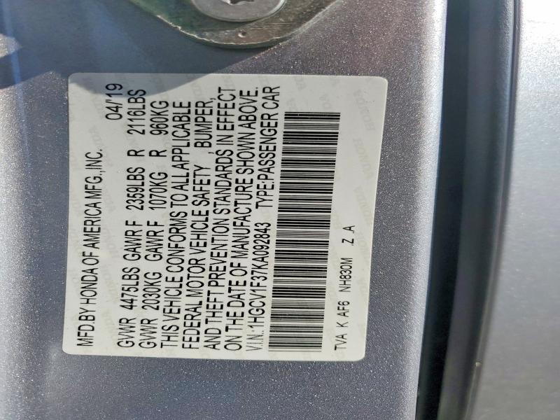 Продаж на аукціоні авто 2019 Honda Accord, vin: 1HGCV1F37KA092843, номер лоту: 67130216