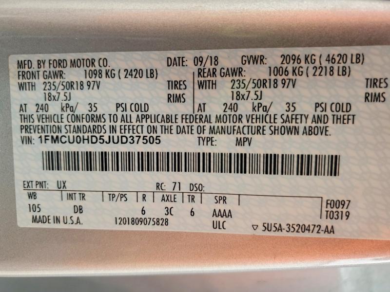 69912316 :رقم المزاد ، 1FMCU0HD5JUD37505 vin ، 2018 Ford Escape مزاد بيع