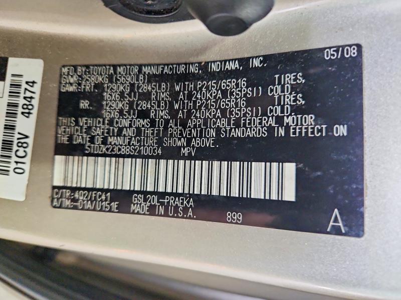 Продажа на аукционе авто 2008 Toyota Sienna, vin: 5TDZK23C88S210034, номер лота: 70002296