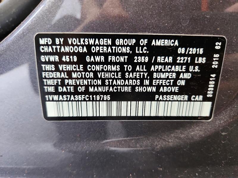 2015 Volkswagen Passat მანქანა იყიდება აუქციონზე, vin: 1VWAS7A35FC119795, აუქციონის ნომერი: 68261086