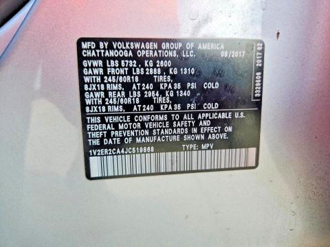 70886716 :رقم المزاد ، 1V2ER2CA4JC519868 vin ، 2018 Volkswagen Atlas مزاد بيع