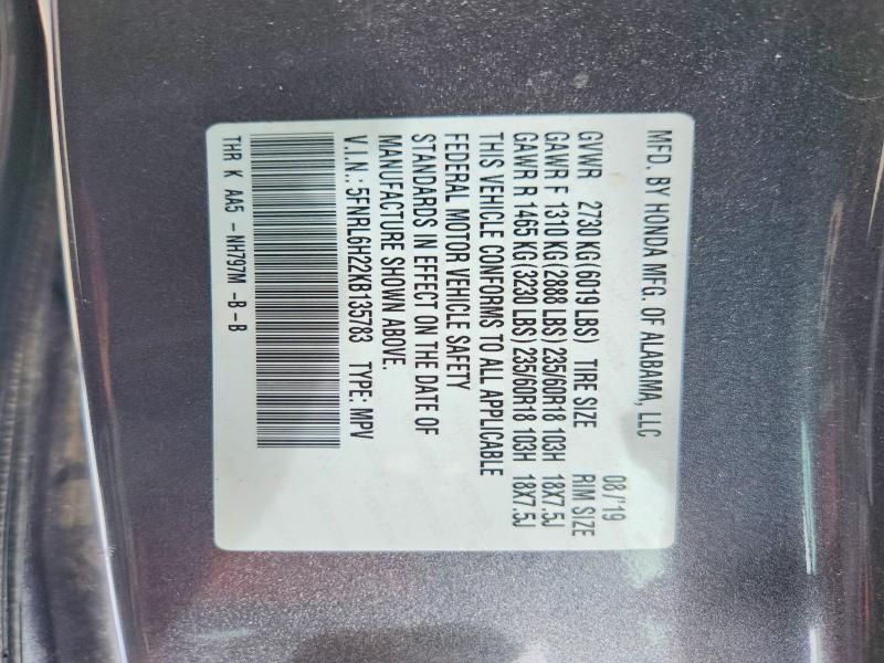 67210936 :رقم المزاد ، 5FNRL6H22KB135783 vin ، 2019 Honda Odyssey مزاد بيع
