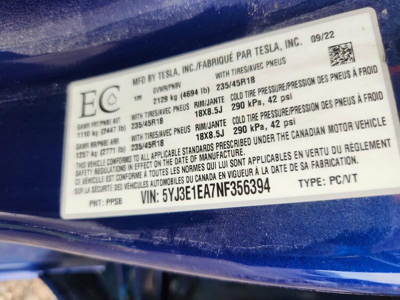 2022 Tesla Model 3 მანქანა იყიდება აუქციონზე, vin: 5YJ3E1EA7NF356394, აუქციონის ნომერი: 66003486