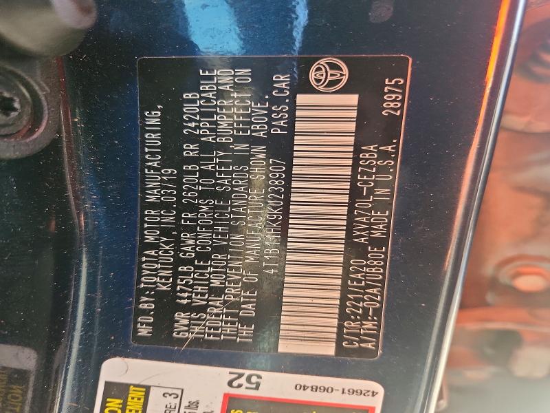 2019 Toyota Camry მანქანა იყიდება აუქციონზე, vin: 4T1B11HK9KU238907, აუქციონის ნომერი: 69230496