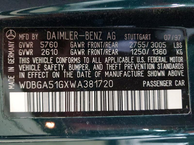 Auction sale of the 1998 Mercedes-benz S, vin: WDBGA51GXWA381720, lot number: 70304576