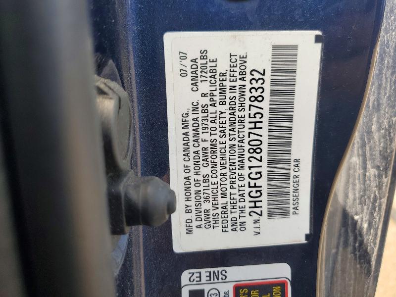 68013096 :رقم المزاد ، 2HGFG12807H578332 vin ، 2007 Honda Civic مزاد بيع