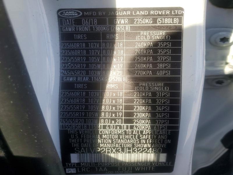 2018 Land Rover Range Rover Evoque მანქანა იყიდება აუქციონზე, vin: SALVP2RX3JH322480, აუქციონის ნომერი: 67867606