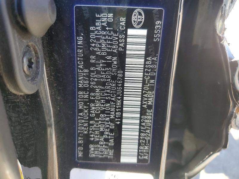 Продажа на аукционе авто 2018 Toyota Camry, vin: 4T1B11HK4JU646780, номер лота: 68156816