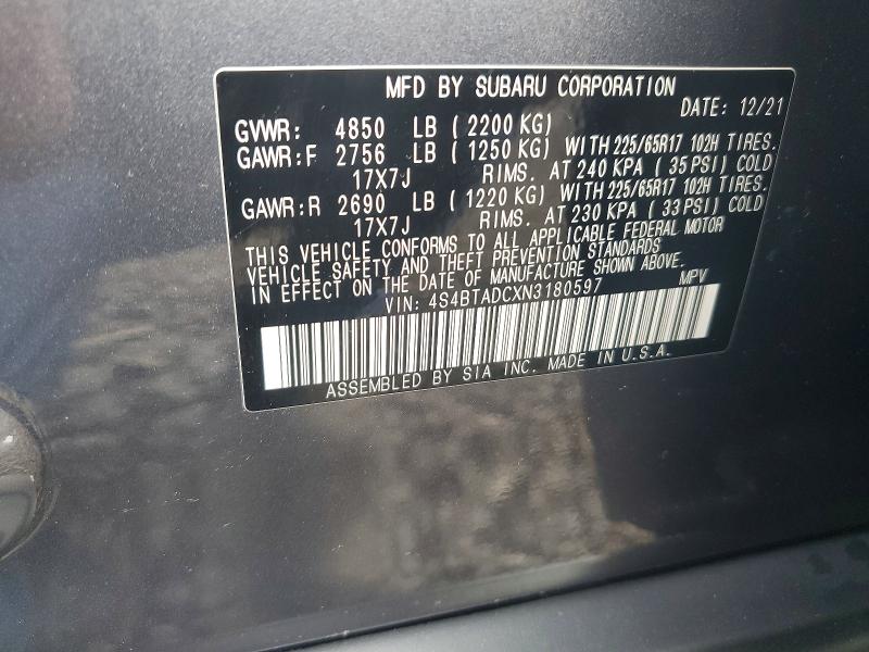 Aukcja sprzedaży 2022 Subaru Outback, vin: 4S4BTADCXN3180597, numer aukcji: 68062766