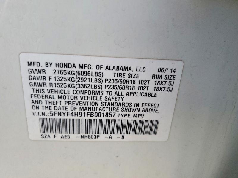 Aukcja sprzedaży 2015 Honda Pilot, vin: 5FNYF4H91FB001857, numer aukcji: 67402436