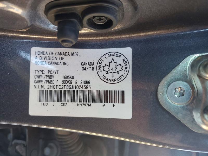 2018 Honda Civic მანქანა იყიდება აუქციონზე, vin: 2HGFC2F86JH024585, აუქციონის ნომერი: 69553576