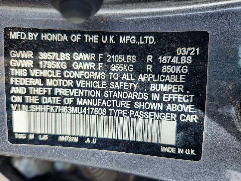 2021 Honda Civic მანქანა იყიდება აუქციონზე, vin: SHHFK7H63MU417608, აუქციონის ნომერი: 69800206