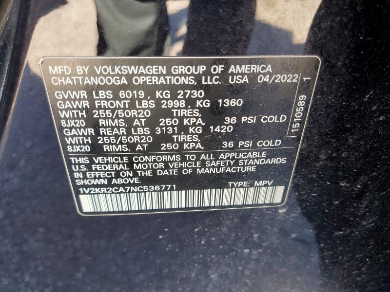 2022 Volkswagen Atlas მანქანა იყიდება აუქციონზე, vin: 1V2KR2CA7NC536771, აუქციონის ნომერი: 68049596