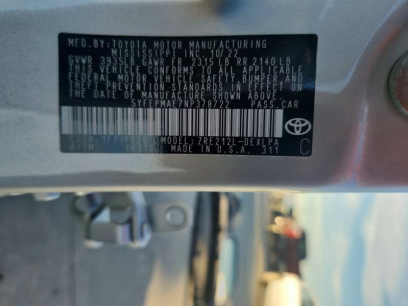 Aukcja sprzedaży 2022 Toyota Corolla, vin: 5YFEPMAE7NP378722, numer aukcji: 70467776
