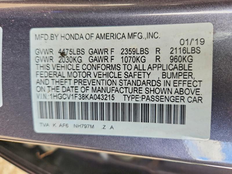 Aukcja sprzedaży 2019 Honda Accord, vin: 1HGCV1F38KA043215, numer aukcji: 70625296
