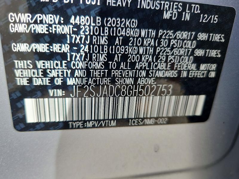 2016 Subaru Forester მანქანა იყიდება აუქციონზე, vin: JF2SJADC8GH502753, აუქციონის ნომერი: 67934756