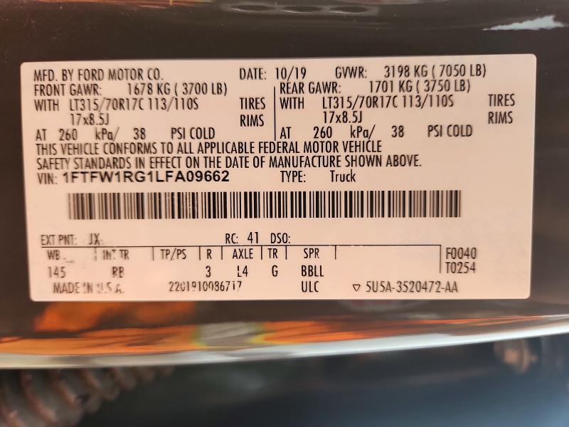 Продаж на аукціоні авто 2020 Ford F150, vin: 1FTFW1RG1LFA09662, номер лоту: 68354636