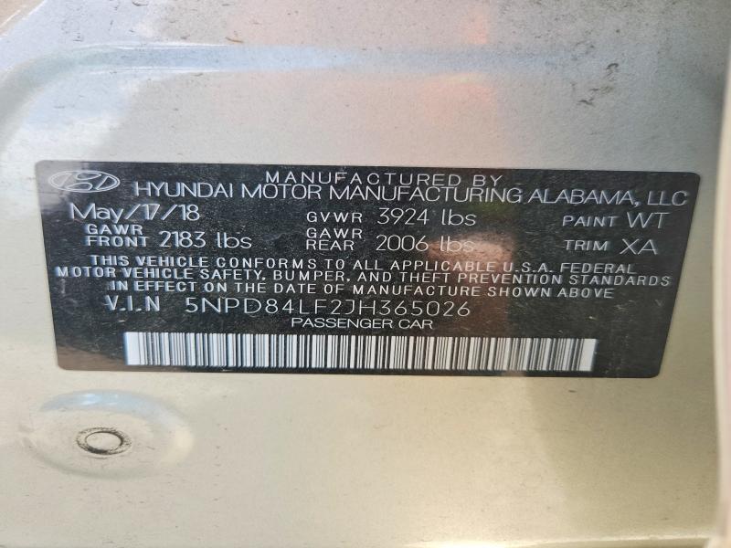 Продаж на аукціоні авто 2018 Hyundai Elantra, vin: 5NPD84LF2JH365026, номер лоту: 69893186