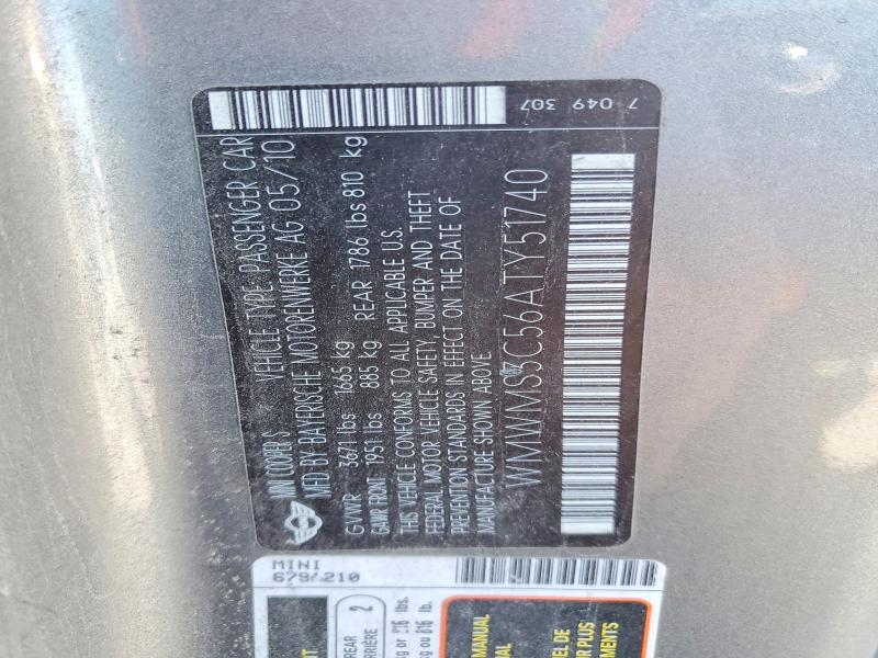 70004046 :رقم المزاد ، WMWMS3C56ATY51740 vin ، 2010 Mini Cooper مزاد بيع