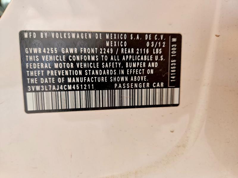 Продаж на аукціоні авто 2012 Volkswagen Jetta, vin: 3VW3L7AJ4CM451211, номер лоту: 69519446