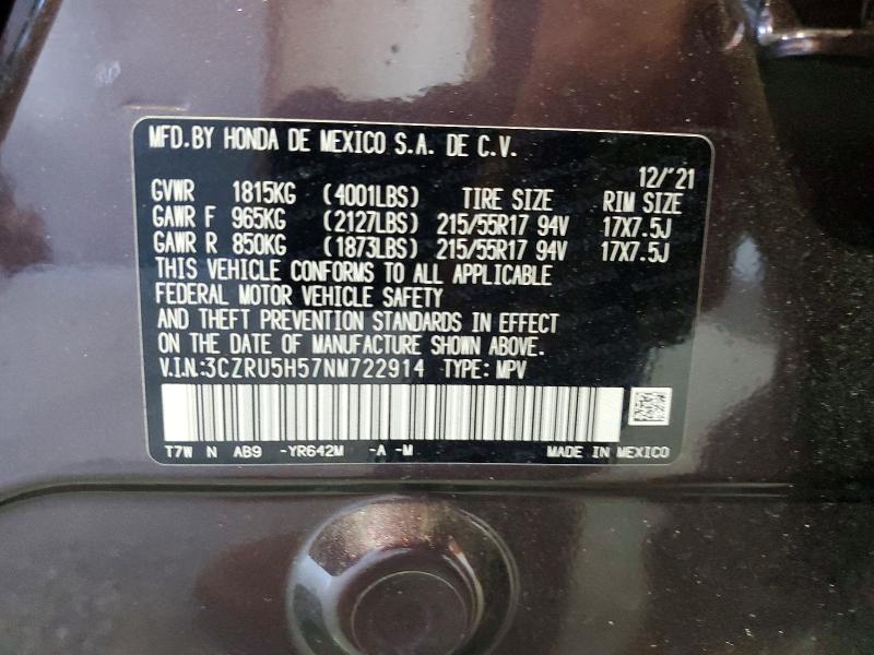 67859966 :رقم المزاد ، 3CZRU5H57NM722914 vin ، 2022 Honda Hr-v مزاد بيع