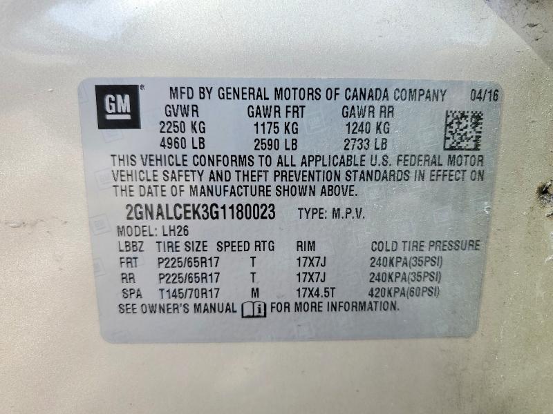 69551496 :رقم المزاد ، 2GNALCEK3G1180023 vin ، 2016 Chevrolet Equinox مزاد بيع