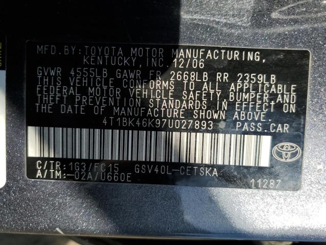 Продажа на аукционе авто 2007 Toyota Camry, vin: 4T1BK46K97U027893, номер лота: 71782913