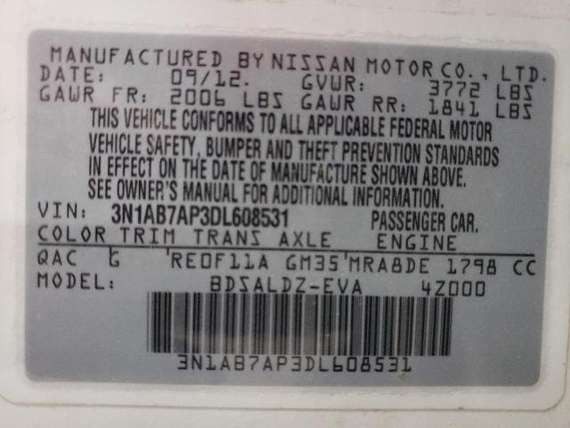 2013 Nissan Sentra S მანქანა იყიდება აუქციონზე, vin: 3N1AB7AP3DL608531, აუქციონის ნომერი: 73873293