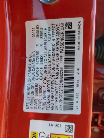 Aukcja sprzedaży 2022 Honda Civic Sport, vin: 2HGFE2F55NH602259, numer aukcji: 71144103