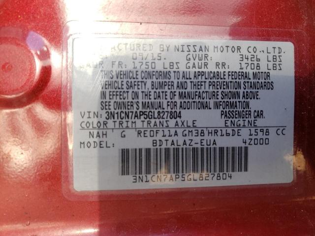 2016 Nissan Versa S მანქანა იყიდება აუქციონზე, vin: 3N1CN7AP5GL827804, აუქციონის ნომერი: 70577193