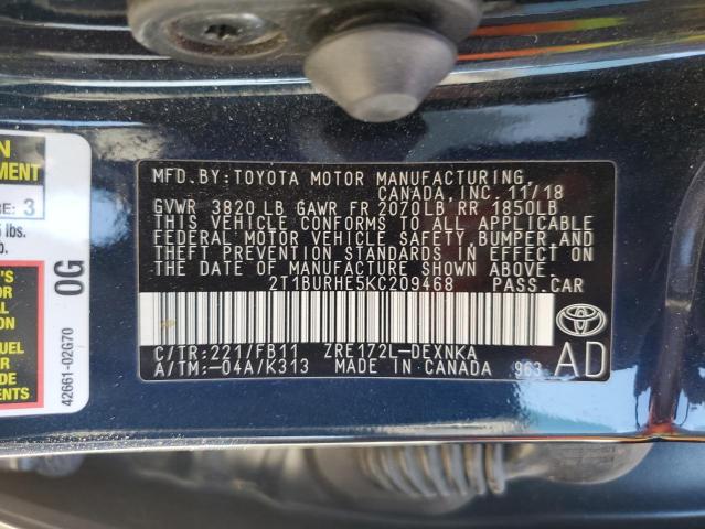 Auction sale of the 2019 Toyota Corolla L, vin: 2T1BURHE5KC209468, lot number: 72586863