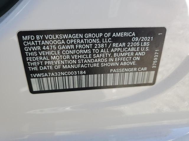 2022 Volkswagen Passat Se მანქანა იყიდება აუქციონზე, vin: 1VWSA7A32NC003184, აუქციონის ნომერი: 72754454