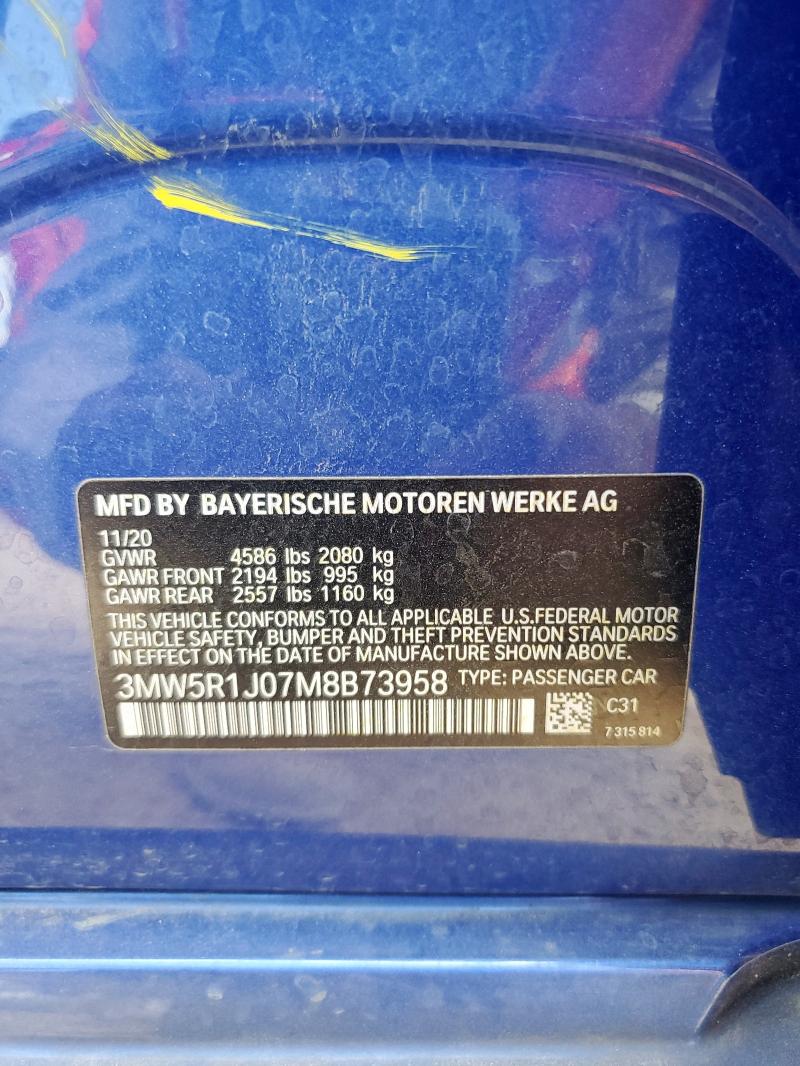 85723035 :رقم المزاد ، 3MW5R1J07M8B73958 vin ، 2021 Bmw 330i مزاد بيع