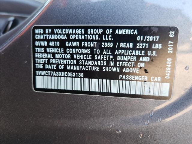 90449495 :رقم المزاد ، 1VWCT7A3XHC053138 vin ، 2017 Volkswagen Passat مزاد بيع