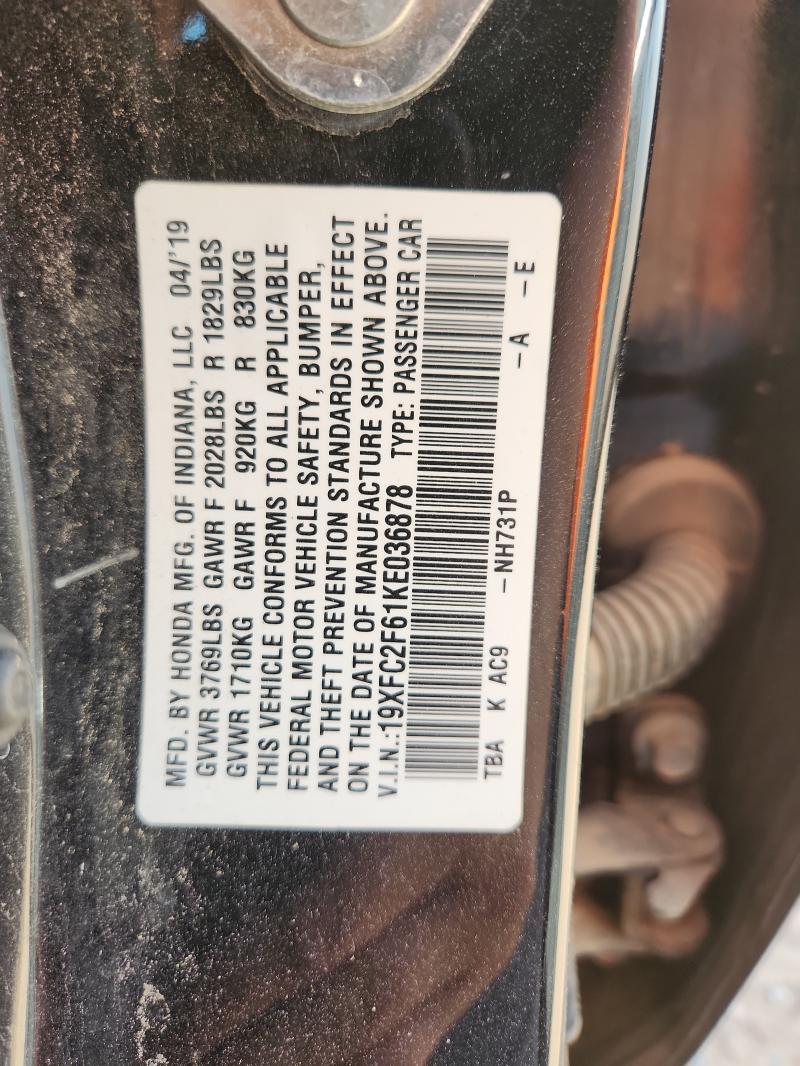 Auction sale of the 2019 Honda Civic, vin: 19XFC2F61KE036878, lot number: 86849825