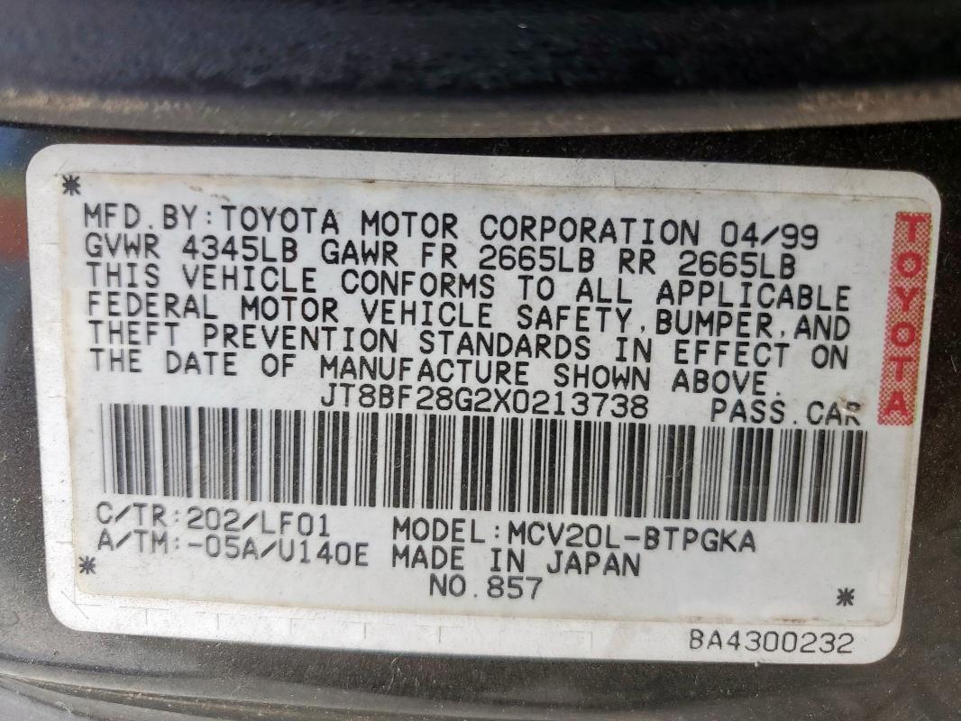 1999 Lexus Es 300 მანქანა იყიდება აუქციონზე, vin: JT8BF28G2X0213738, აუქციონის ნომერი: 85124545