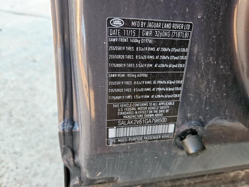 82410195 :رقم المزاد ، SALAK2V61GA798500 vin ، 2016 Land Rover Lr4 Hse Lu مزاد بيع