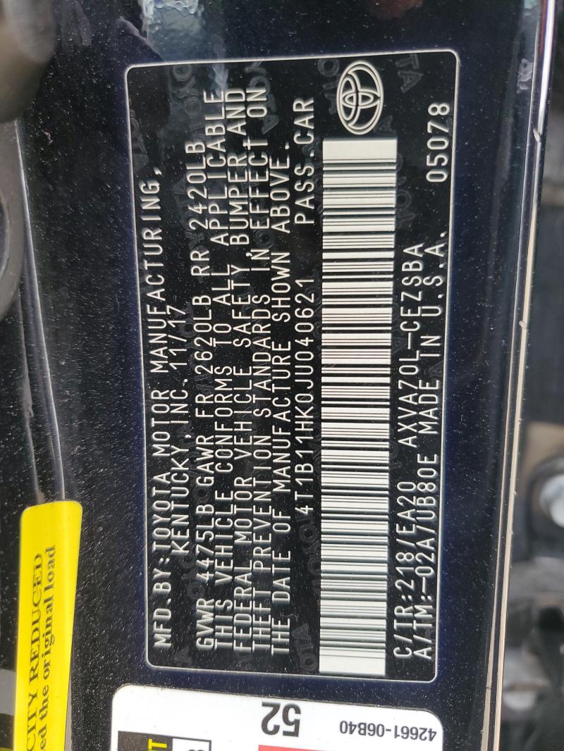 Продажа на аукционе авто 2018 Toyota Camry L, vin: 4T1B11HK0JU040621, номер лота: 89824035