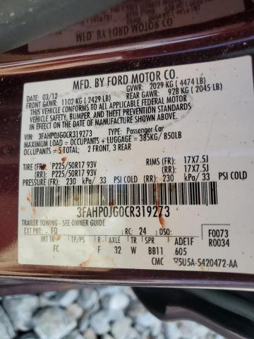 86826945 :رقم المزاد ، 3FAHP0JG0CR319273 vin ، 2012 Ford Fusion مزاد بيع
