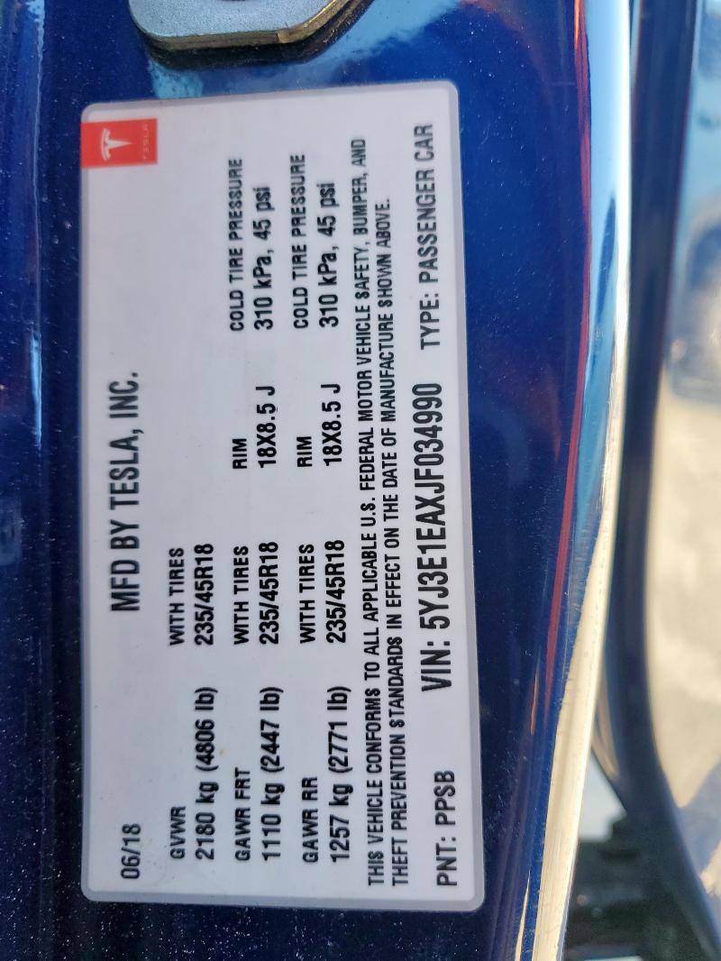 90368615 :رقم المزاد ، 5YJ3E1EAXJF034990 vin ، 2018 Tesla Model 3 مزاد بيع